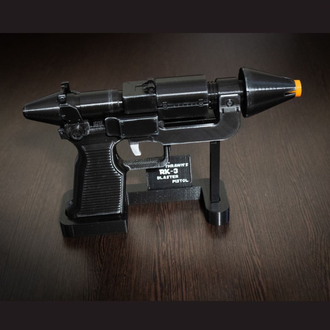 Admiral Thrawn RK-3 blaster pistol replica with orange tip and display stand for Star Wars cosplay and collection