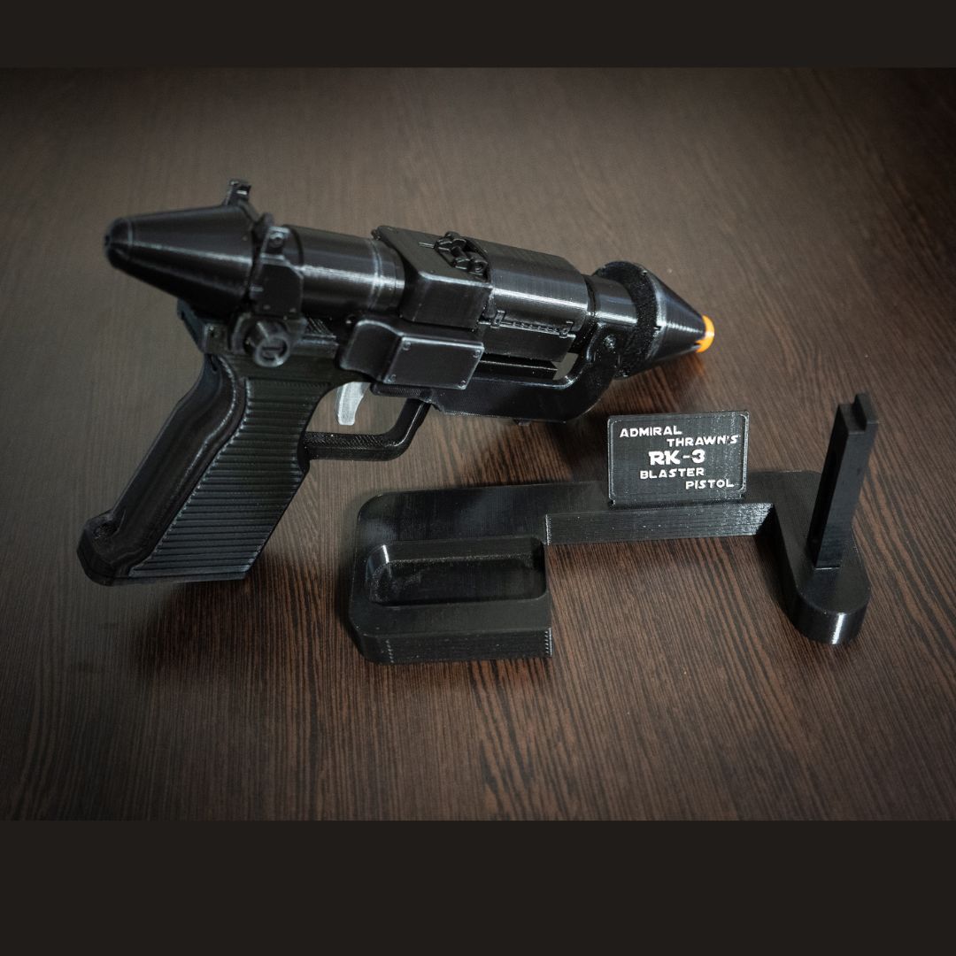 Admiral Thrawn RK-3 blaster pistol replica with display stand and orange tip for Star Wars cosplay