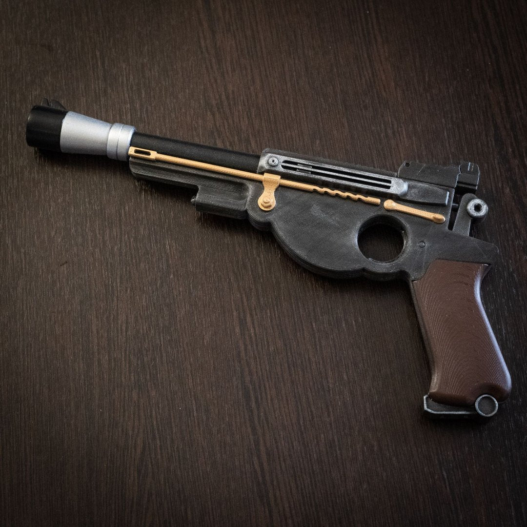 Mandalorian Blaster IB-94 Star Wars replica cosplay prop, detailed 13-inch 3D printed blaster with brown grip and black barrel on wooden background
