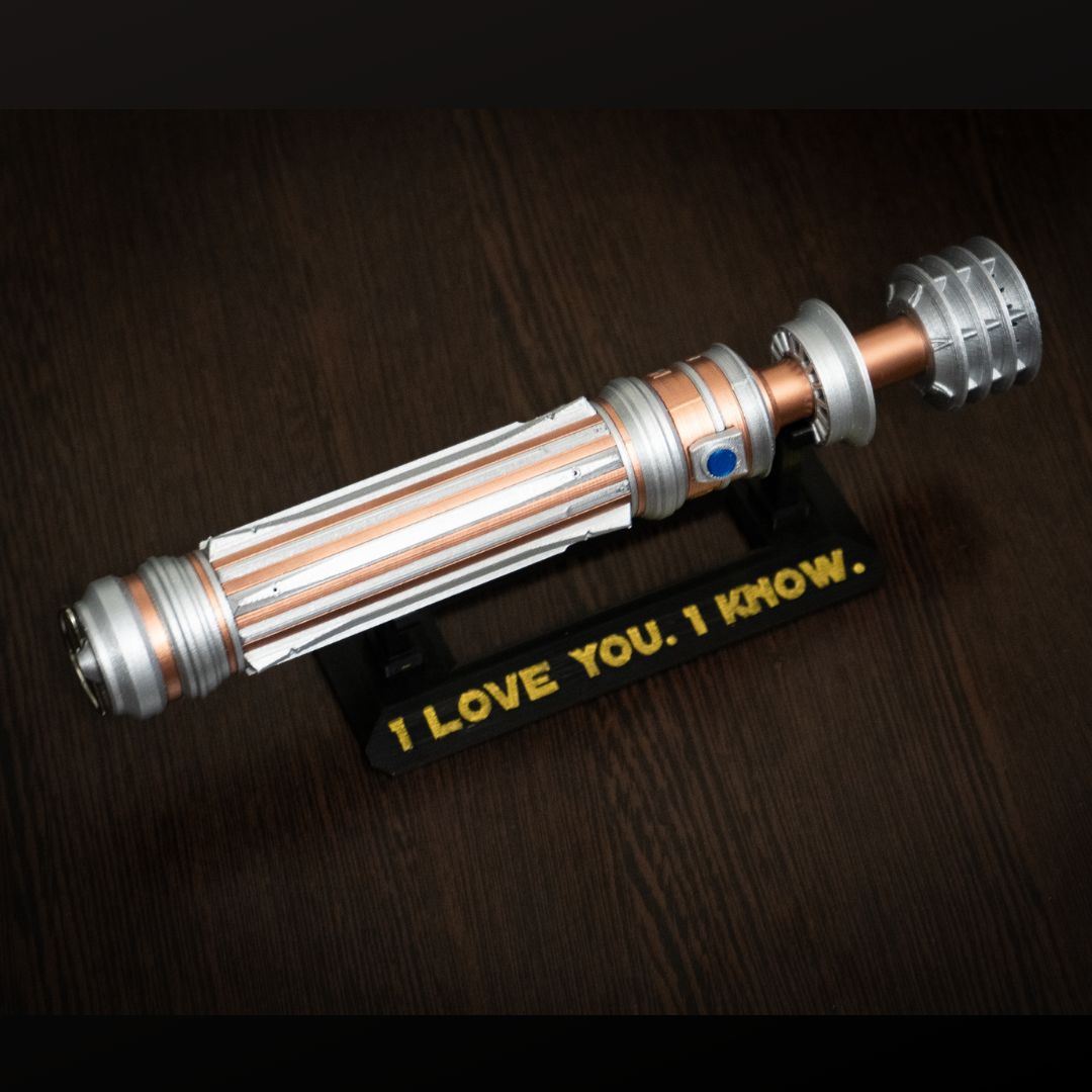 Star Wars inspired Leia lightsaber bridal bouquet holder in copper and chrome with customizable text and elegant design