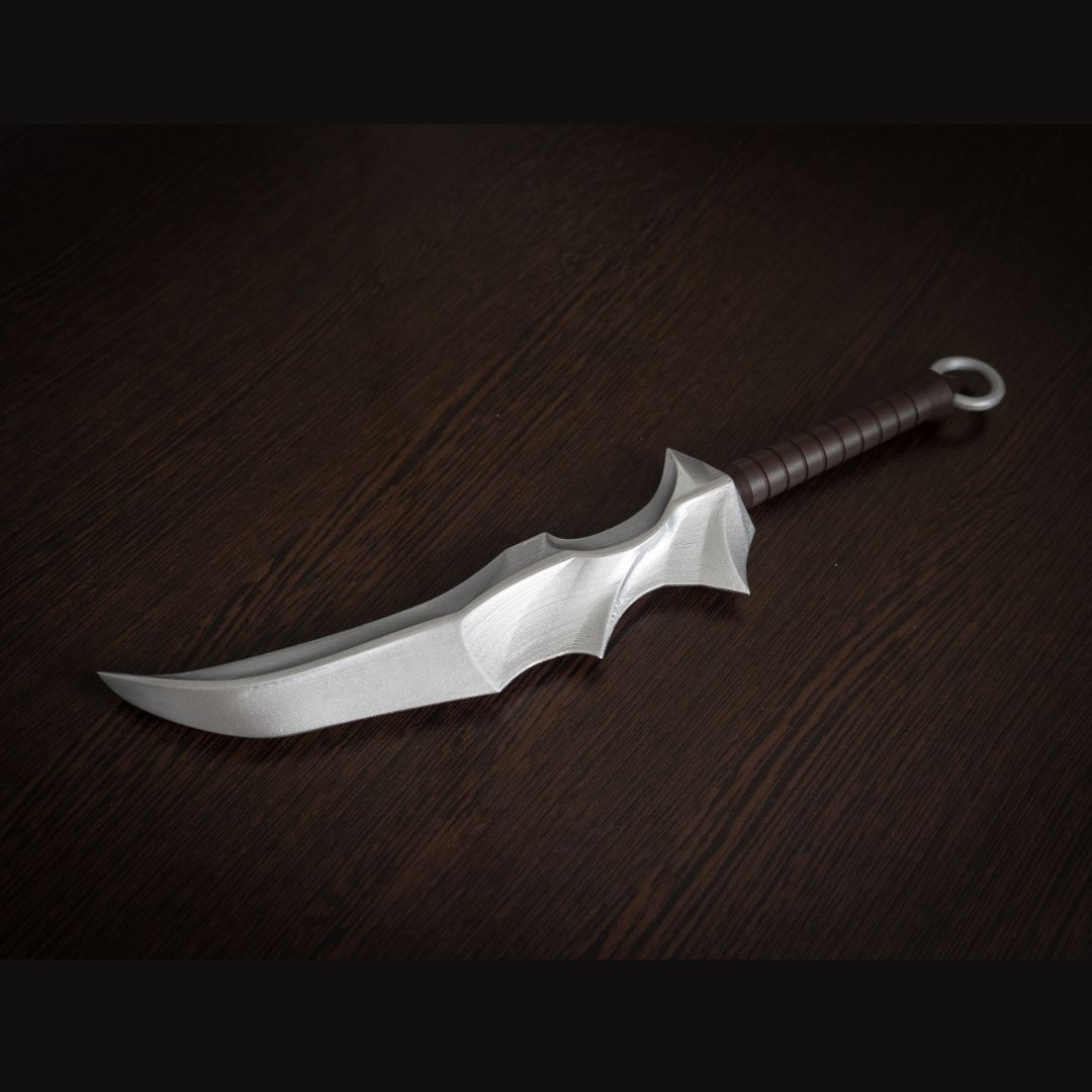 Vampire Blade cosplay prop replica from Overlord with detailed silver blade and brown handle on dark wooden surface