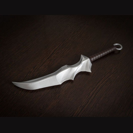 Vampire Blade cosplay prop replica from Overlord with detailed silver blade and brown handle on dark wooden surface