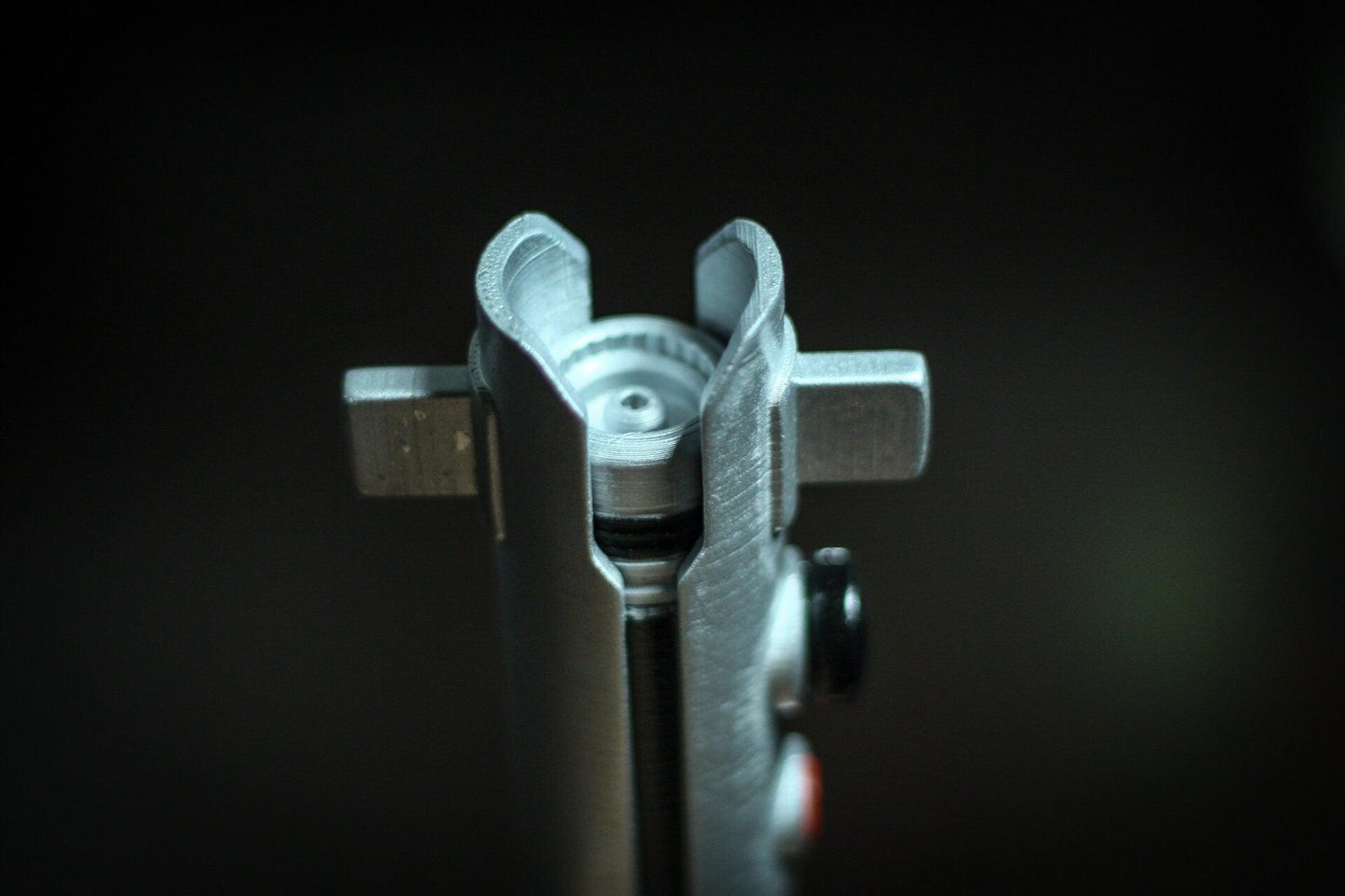 Close-up of Ahsoka Tano lightsaber replica tip for Star Wars cosplay props