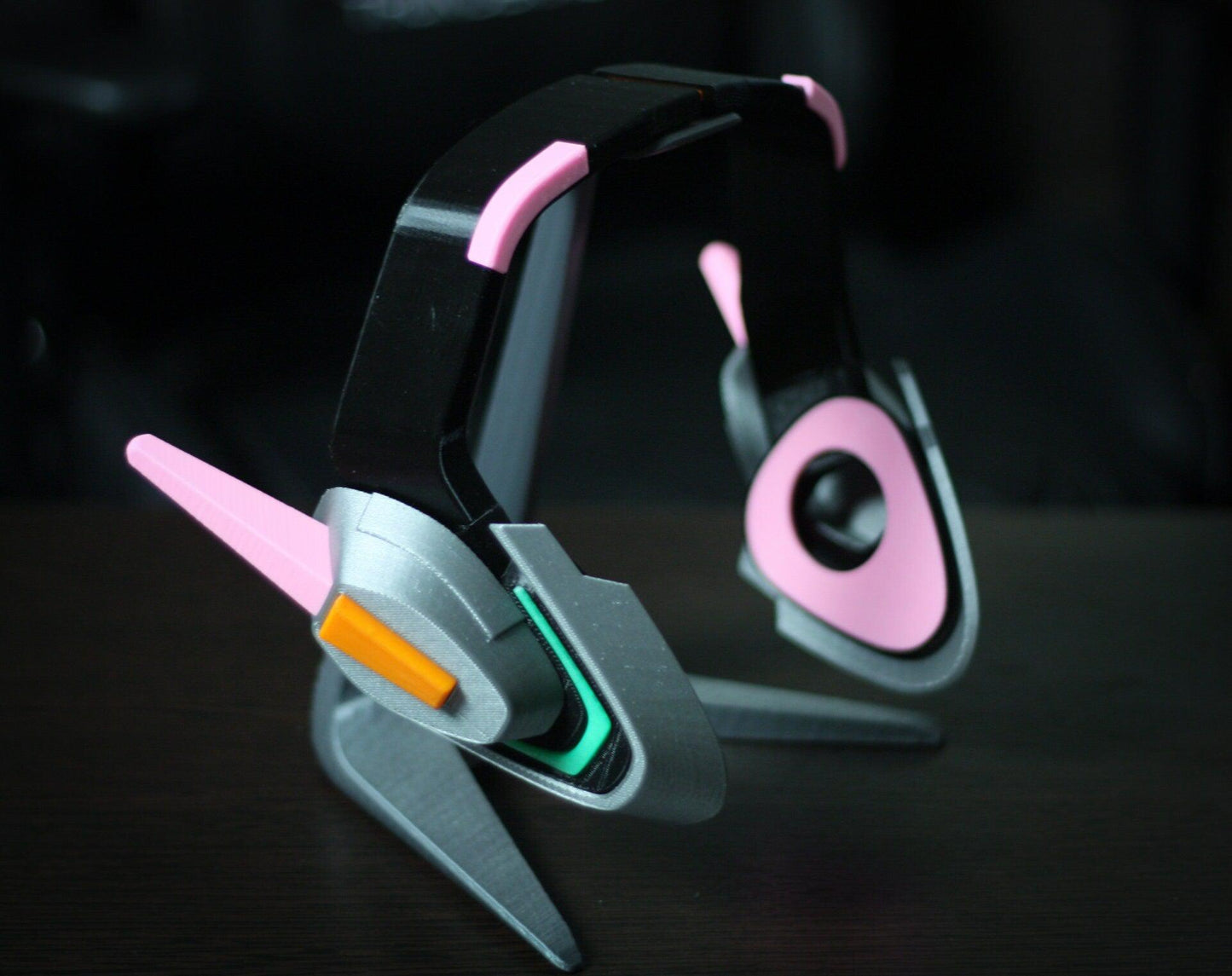 Officer Dva cosplay headset prop in black, pink, silver with orange and green accents for cosplay fans