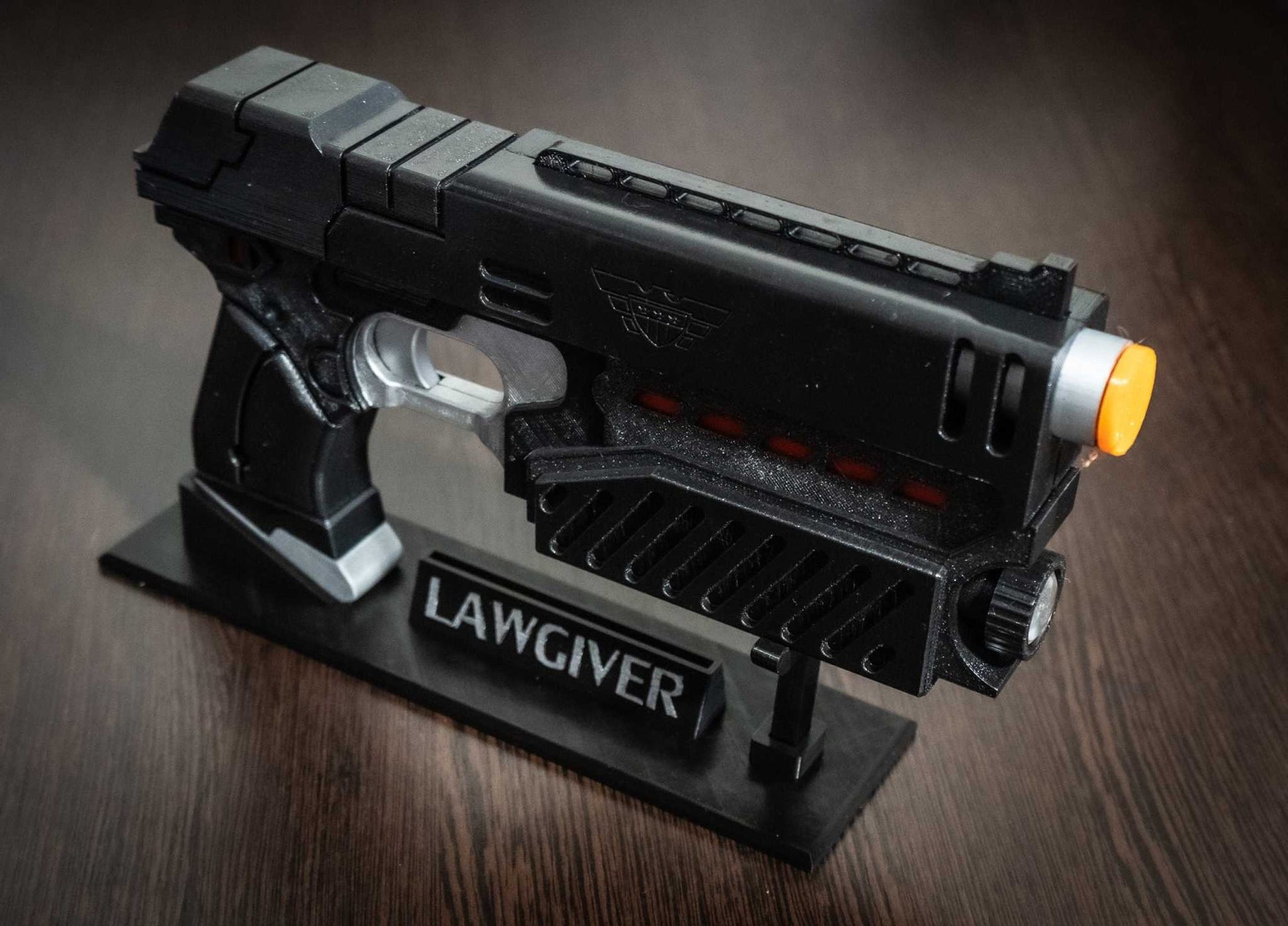 Judge Dredd Lawgiver cosplay prop gun black detailed replica on display stand