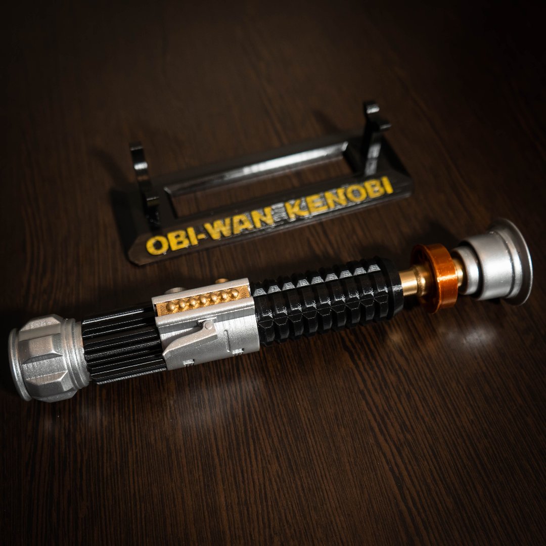 Obi-Wan Kenobi Lightsaber cosplay replica with display stand, detailed hand-painted Star Wars prop.