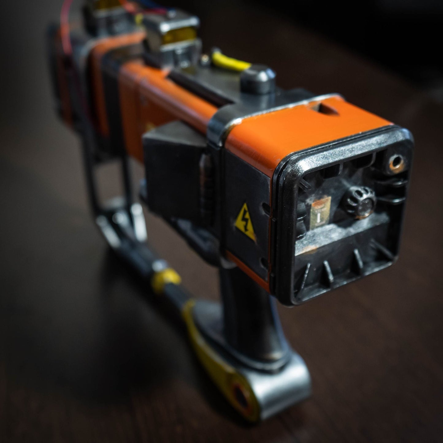 3D printed Fallout New Vegas AEP7 laser pistol cosplay prop with detailed weathered paint and sci-fi design