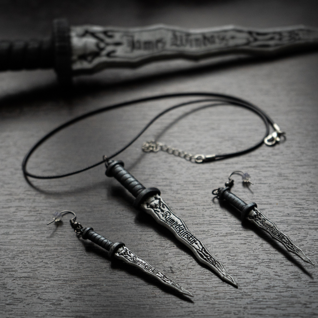 Personalized Dark One Dagger Earrings and Necklace | Custom Name Jewelry Set