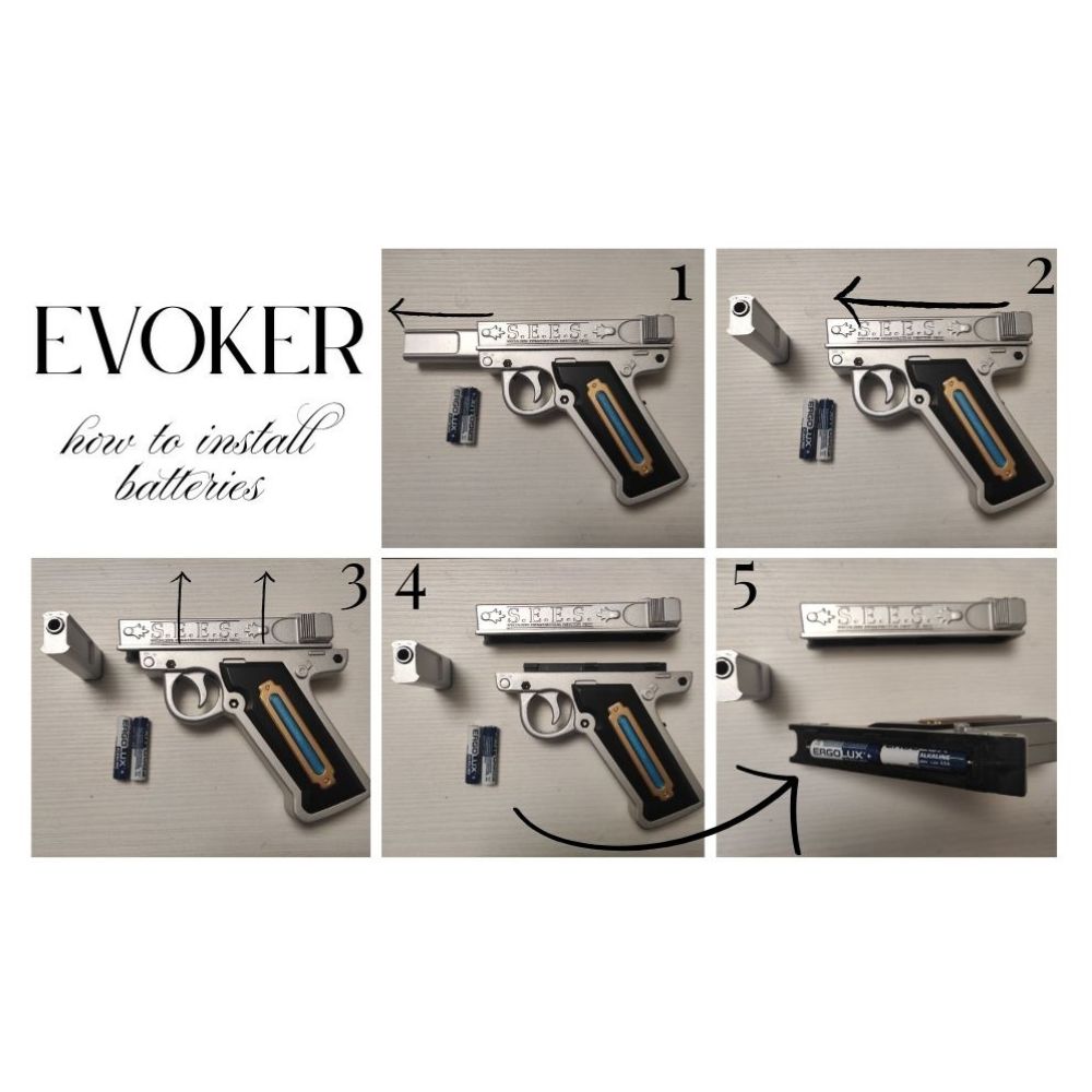 Step-by-step guide on how to install batteries in a gun-shaped device labeled 'Evoker'.