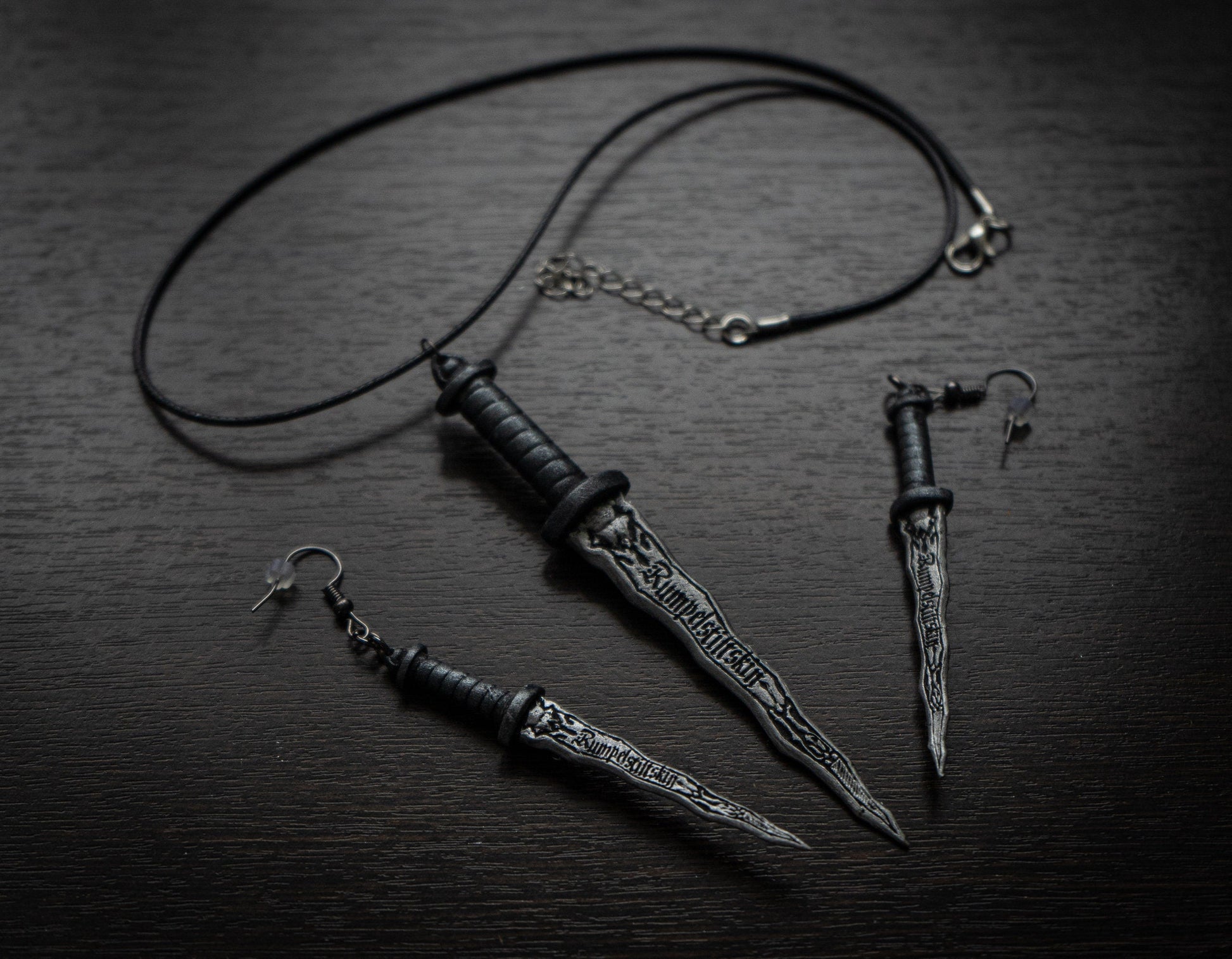 Personalized Dark One Dagger Earrings and Necklace | Custom Name Jewelry Set - 3DPrintProps